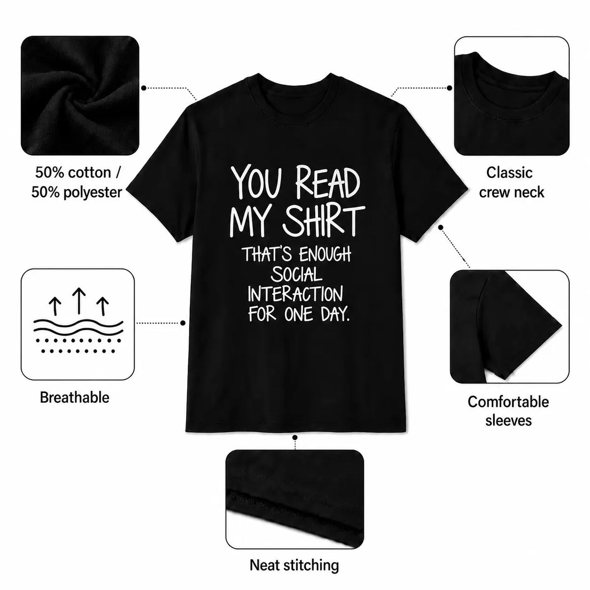 You Read My Shirt Graphic Tee - Humorous Introvert Quote T-Shirt, Social Interaction Text, Black Cotton Blend Casual Top