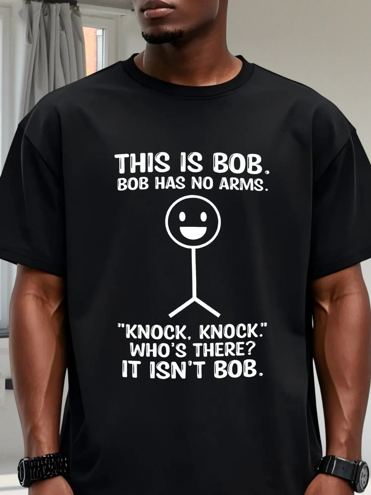Men's Unisex Humorous Graphic Tee - "This Is Bob" No Arms Stick Figure Knock Knock Joke Dark Humor Casual Short Sleeve Crew Neck Shirt, 100% Cotton, Black