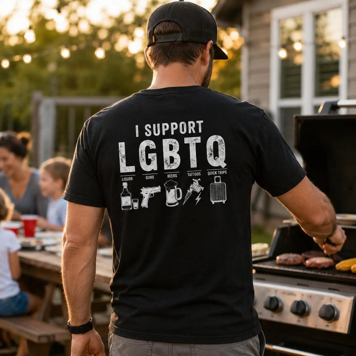 Men'S I Support LGBTQ, Liquor, Guns, Beers, Tattoos, Quick Trips Funny Back-Print T-Shirt - Humorous Novelty Statement Casual Graphic Tee
