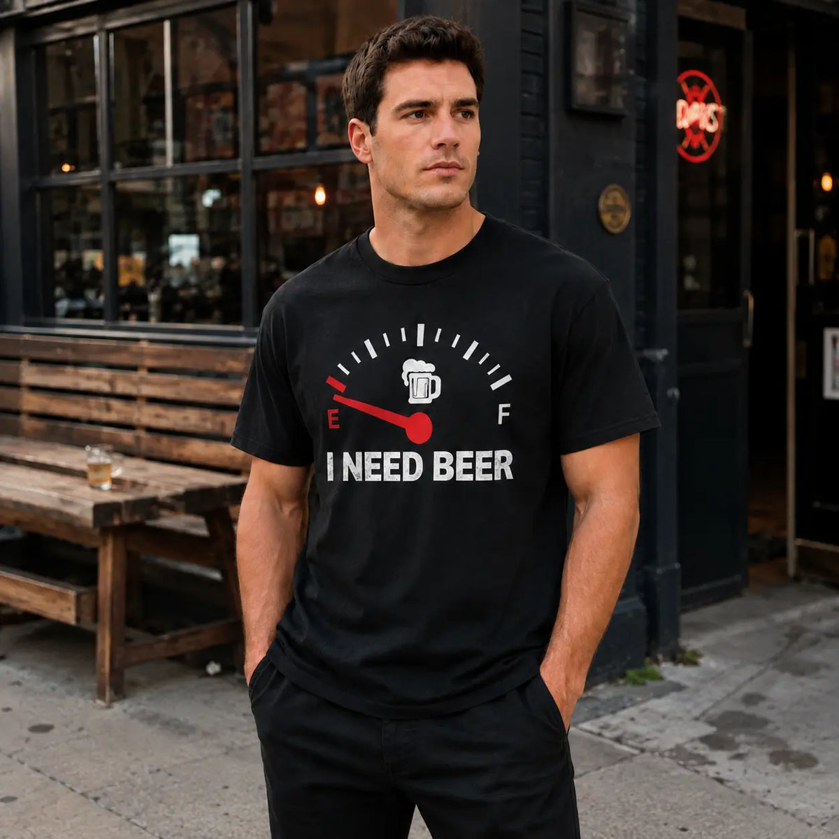 Men's Graphic T-Shirt Featuring Beer-Themed Design, Black Short Sleeve Crew Neck Tee, Humorous Empty Fuel Gauge and Beer Mug Print, Casual Streetwear Top, Ideal Gift for Beer Enthusiasts