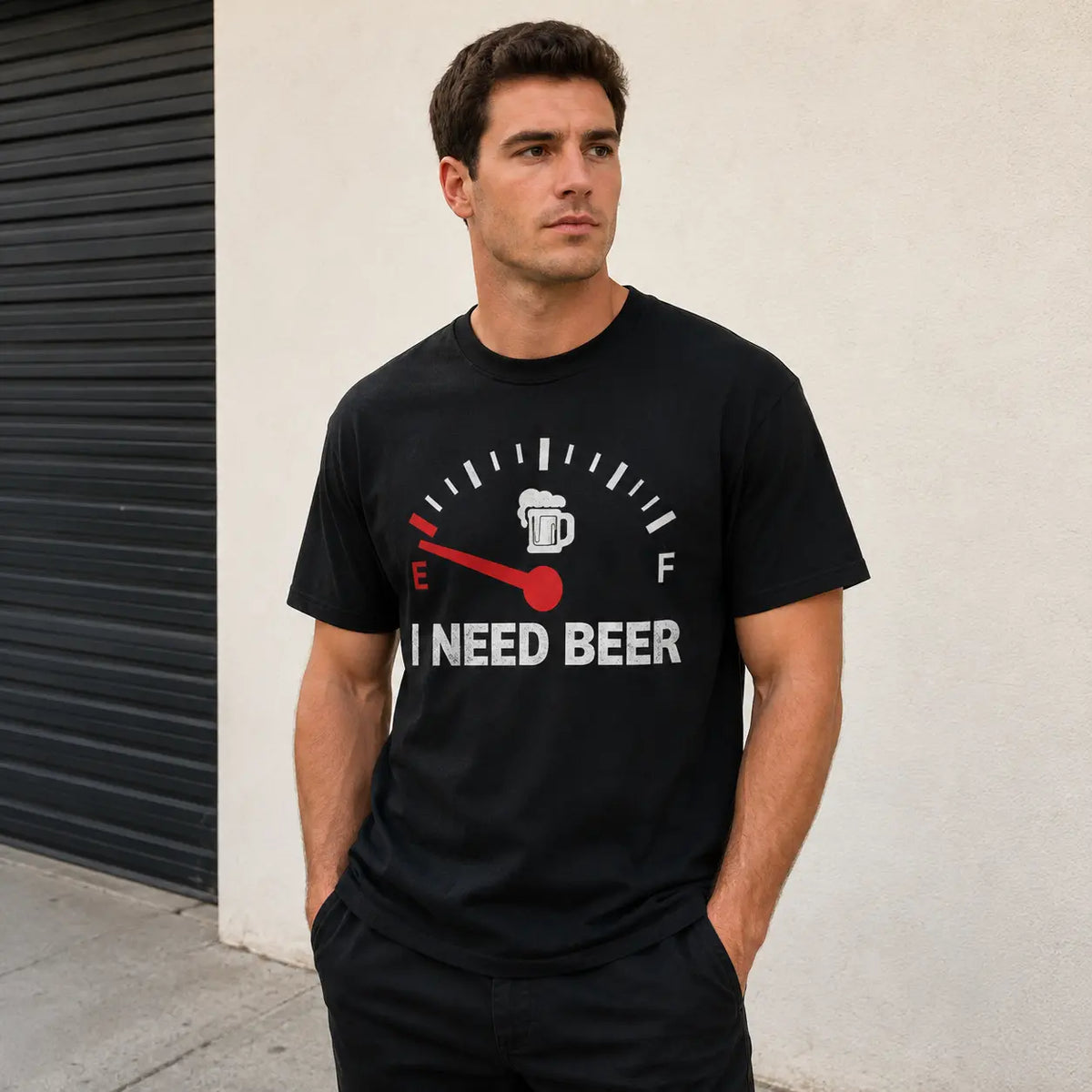 Men's Graphic T-Shirt Featuring Beer-Themed Design, Black Short Sleeve Crew Neck Tee, Humorous Empty Fuel Gauge and Beer Mug Print, Casual Streetwear Top, Ideal Gift for Beer Enthusiasts
