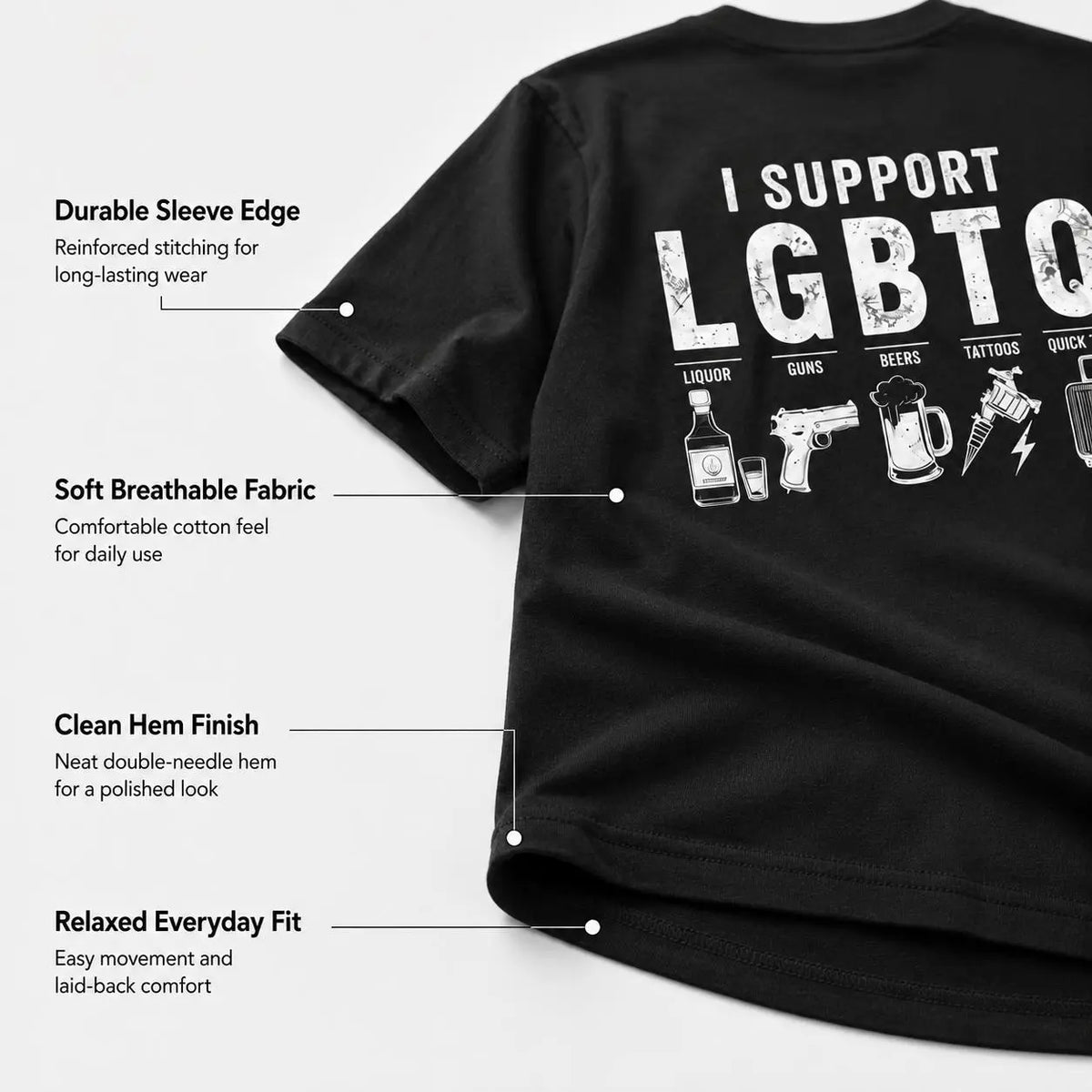 Men'S I Support LGBTQ, Liquor, Guns, Beers, Tattoos, Quick Trips Funny Back-Print T-Shirt - Humorous Novelty Statement Casual Graphic Tee