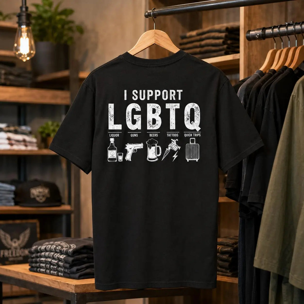 Men'S I Support LGBTQ, Liquor, Guns, Beers, Tattoos, Quick Trips Funny Back-Print T-Shirt - Humorous Novelty Statement Casual Graphic Tee