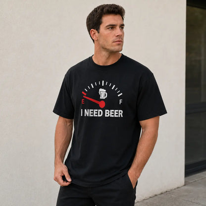 Men's Graphic T-Shirt Featuring Beer-Themed Design, Black Short Sleeve Crew Neck Tee, Humorous Empty Fuel Gauge and Beer Mug Print, Casual Streetwear Top, Ideal Gift for Beer Enthusiasts