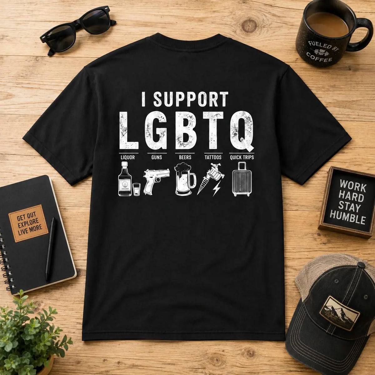 Men'S I Support LGBTQ, Liquor, Guns, Beers, Tattoos, Quick Trips Funny Back-Print T-Shirt - Humorous Novelty Statement Casual Graphic Tee