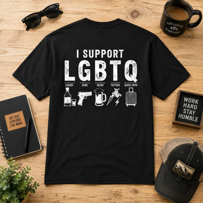 Men'S I Support LGBTQ, Liquor, Guns, Beers, Tattoos, Quick Trips Funny Back-Print T-Shirt - Humorous Novelty Statement Casual Graphic Tee