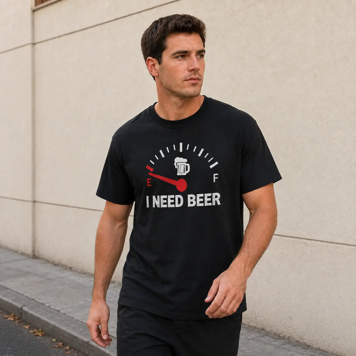 Men's Graphic T-Shirt Featuring Beer-Themed Design, Black Short Sleeve Crew Neck Tee, Humorous Empty Fuel Gauge and Beer Mug Print, Casual Streetwear Top, Ideal Gift for Beer Enthusiasts