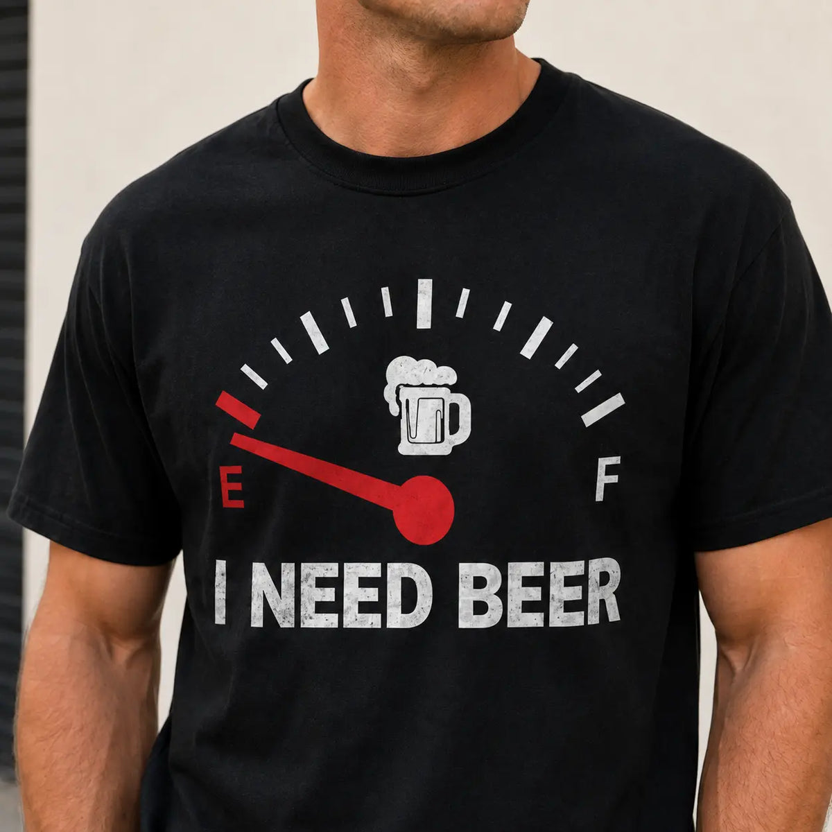 Men's Graphic T-Shirt Featuring Beer-Themed Design, Black Short Sleeve Crew Neck Tee, Humorous Empty Fuel Gauge and Beer Mug Print, Casual Streetwear Top, Ideal Gift for Beer Enthusiasts