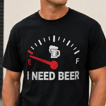 Men's Graphic T-Shirt Featuring Beer-Themed Design, Black Short Sleeve Crew Neck Tee, Humorous Empty Fuel Gauge and Beer Mug Print, Casual Streetwear Top, Ideal Gift for Beer Enthusiasts